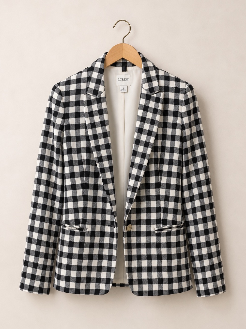 J.Crew Black White Gingham Check Blazer Gold Buttons Size 8 - Picture 2 of 2